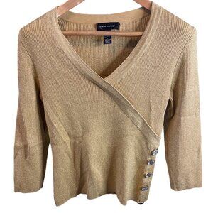 Cable and Gauge Gold Metallic V Neck Faux Wrap Clear Stone Detail Pullover Top